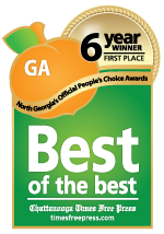 badge indicating North Georgia's official people's choice awards 6 year first place winner of best of the best for best general practice doctor according to Chattanooga Times Free Press