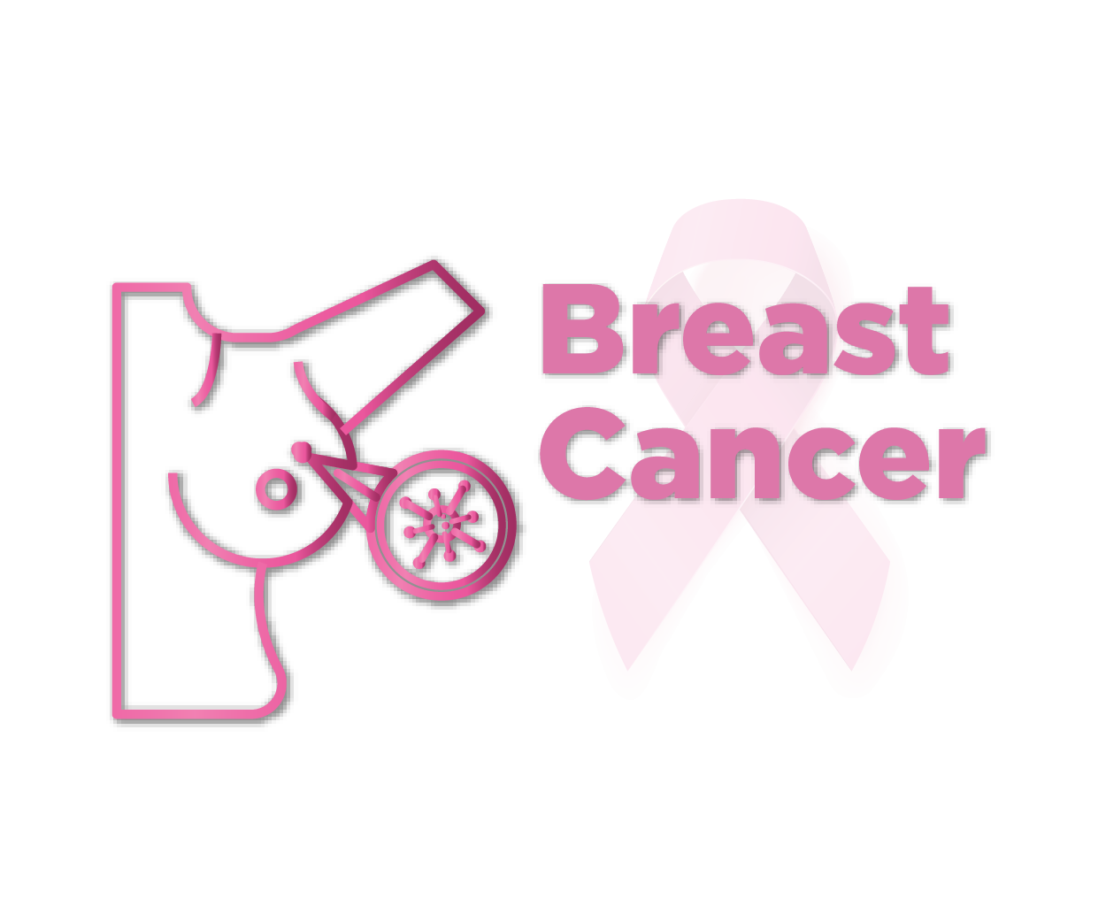 Illustration of the left half of a female torso with magnifying glass highlighting a cell on the breast next to an awareness ribbon featuring the words Breast Cancer