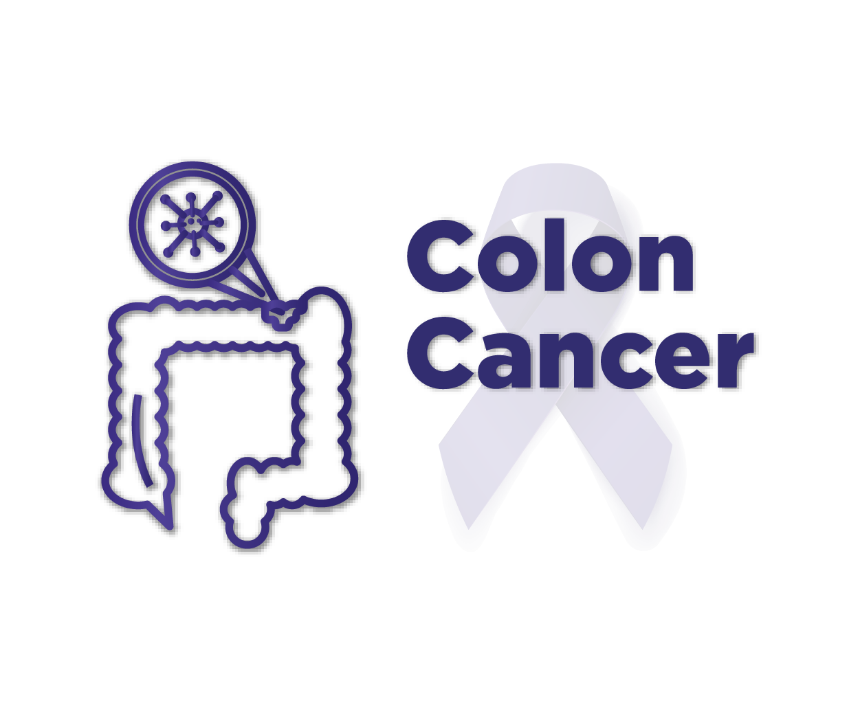 Illustration of a colon with magnifying glass highlighting a cell next to an awareness ribbon featuring the words Colon Cancer