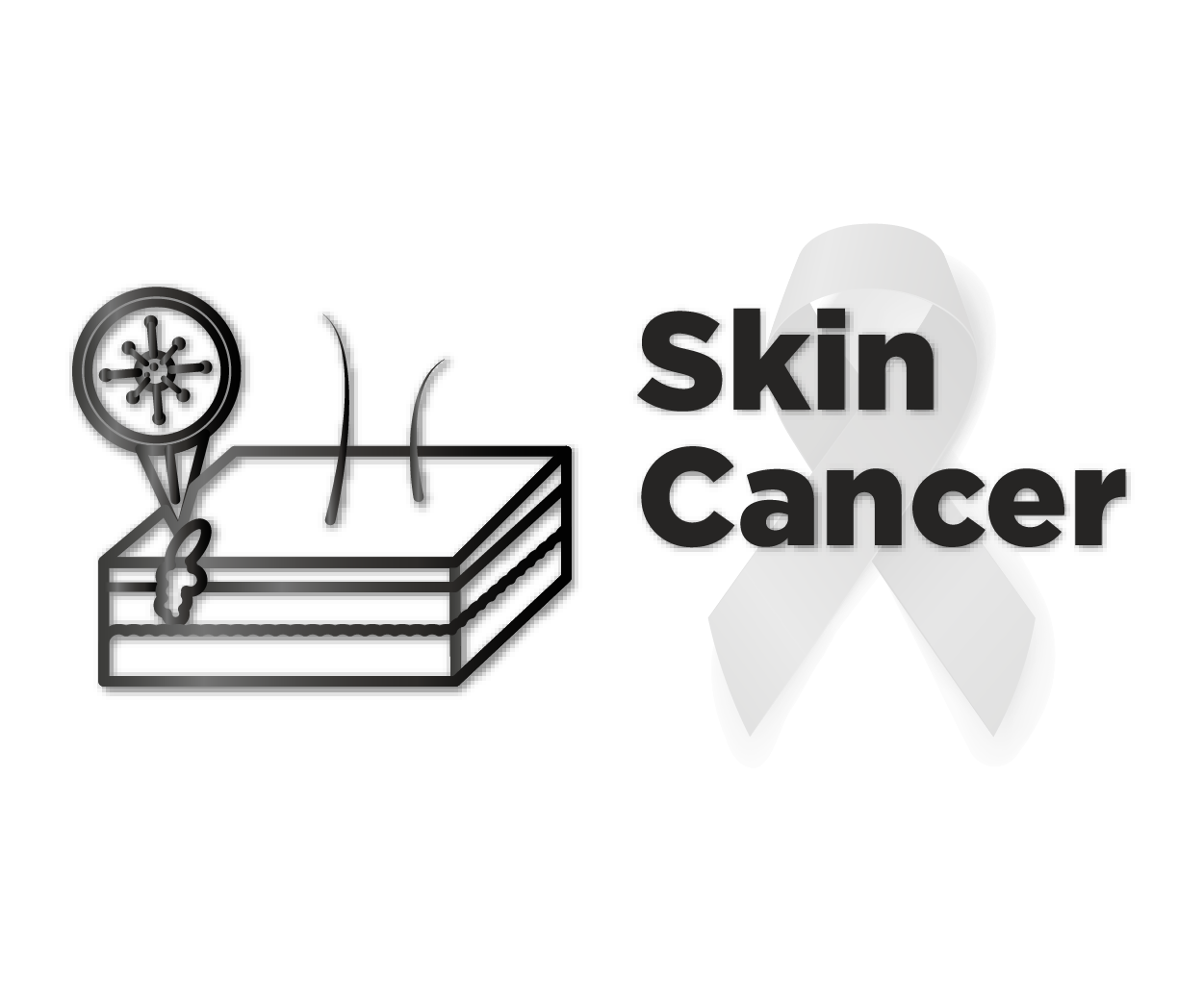 Illustration of skin layers with magnifying glass highlighting a cell next to an awareness ribbon featuring the words Skin Cancer
