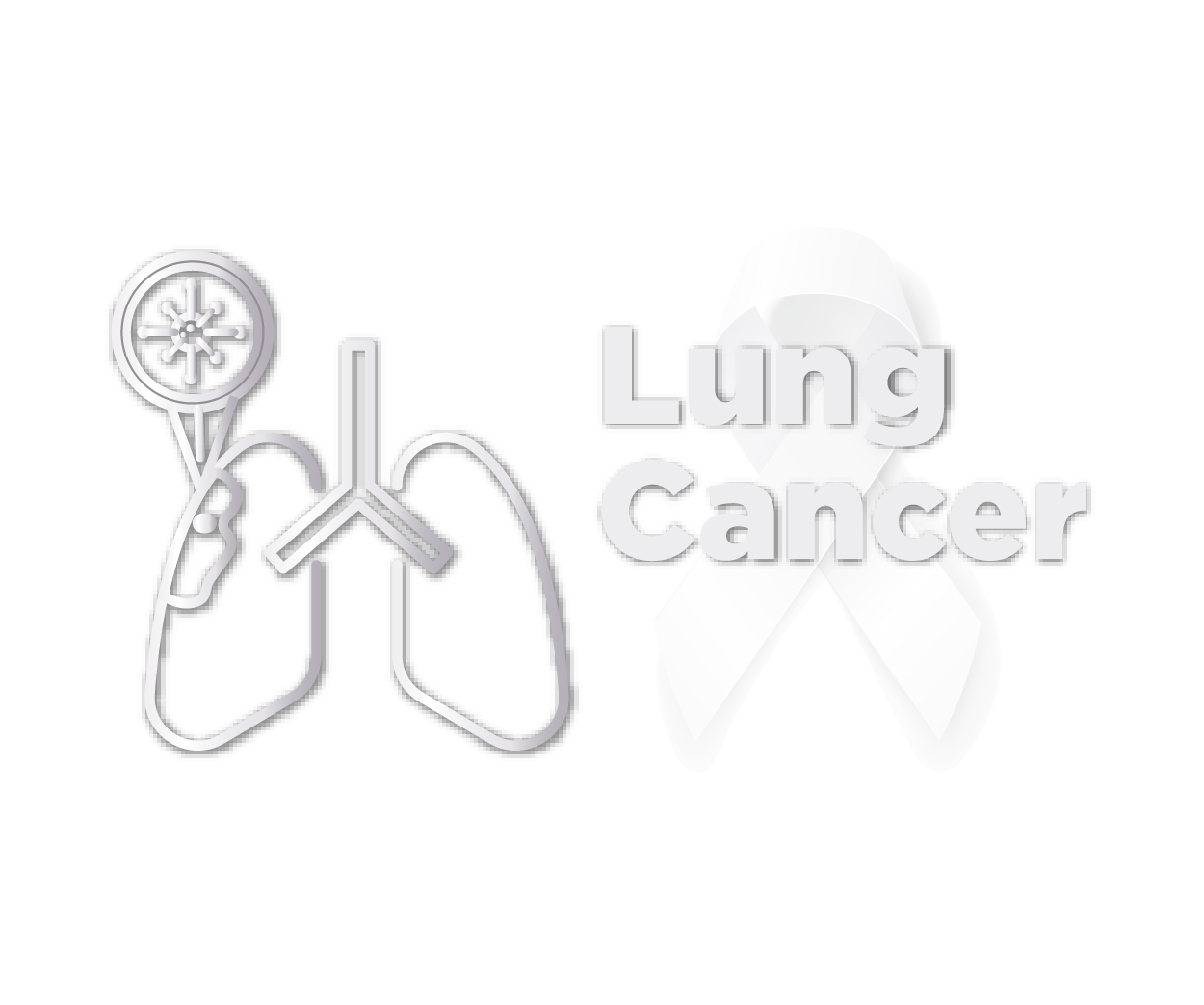 Illustration of lungs with magnifying glass highlighting a cell next to an awareness ribbon featuring the words Lung Cancer
