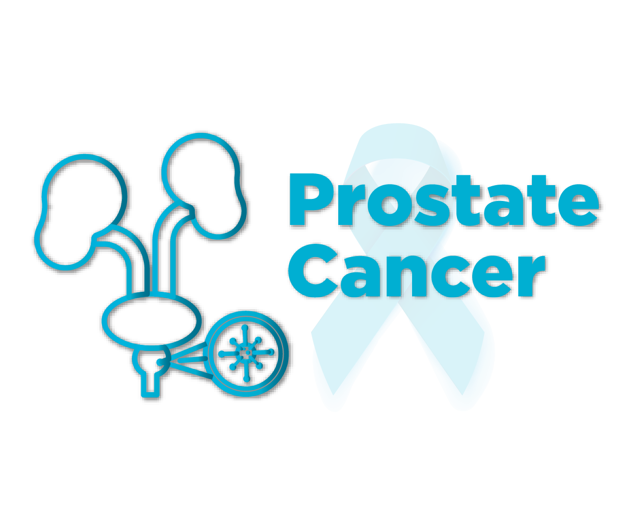 Illustration of kidneys, bladder, and prostate with magnifying glass highlighting a cell in the prostate next to an awareness ribbon featuring the words Prostate Cancer