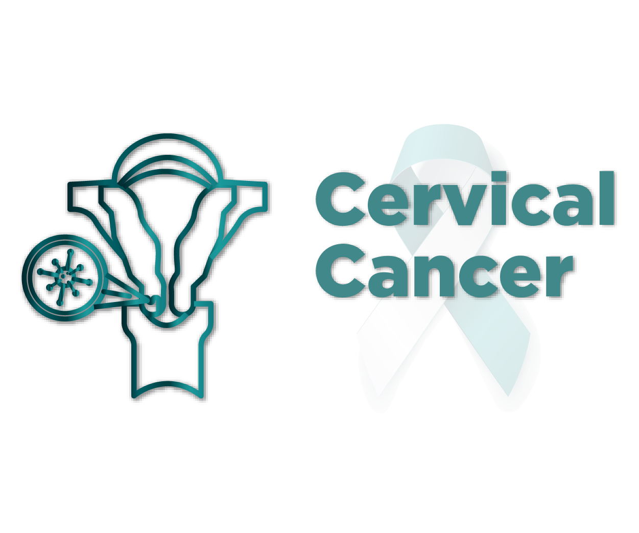 Illustration of a cervix with magnifying glass highlighting a cell next to an awareness ribbon featuring the words Cervical Cancer